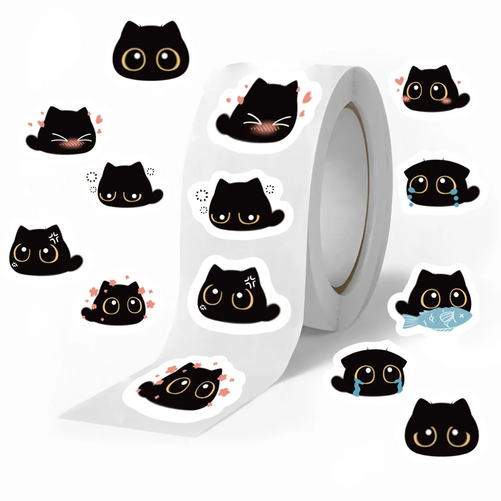 500pcs/Roll Kawaii Black Cats Cartoon Sticker Cute MEME DIY Water Bottle Guitar Luggage Aesthetic Graffiti Sealing Label Sticker