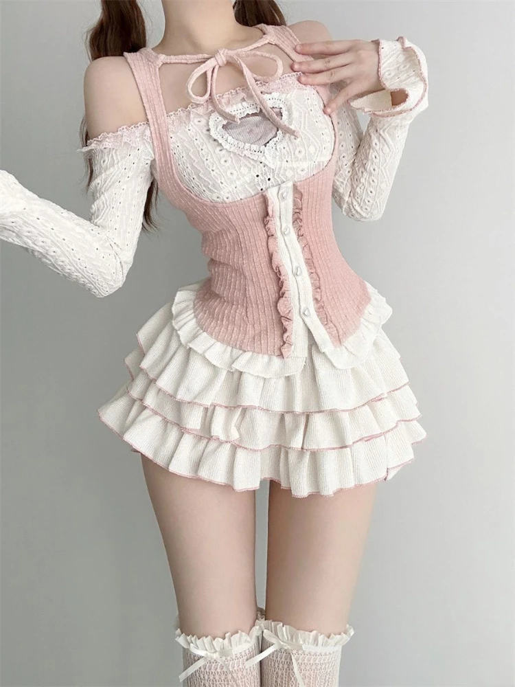 Ropa Kawaii de estilo japonés, conjunto de faldas de 3 piezas para mujer, ceñido al cuerpo, incluso ropa de fiesta, trajes de Lolita de otoño 2023,