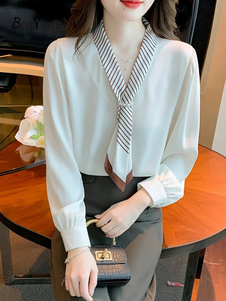 Beiyingni Women Shirts Korean Elegant Temperament Casual Elegant Long Sleeve Blusas Female Chic OL Fashion Striped All-match Top