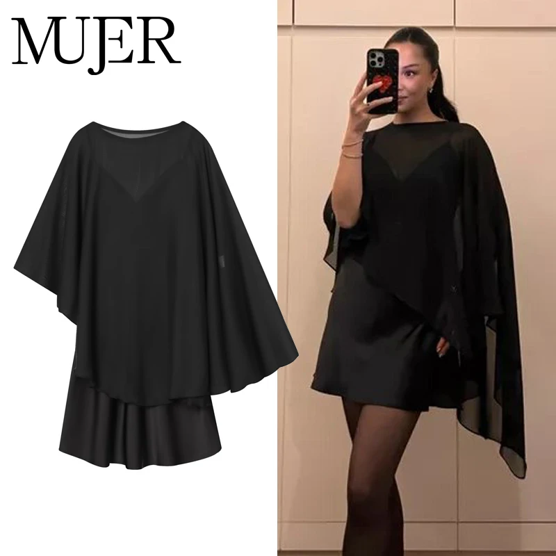 여성용 케이프 스타일 숏 드레스 비대칭 새틴 파티 드레스 반투명 러플 드레스 여성 섹시 나이트 드레스