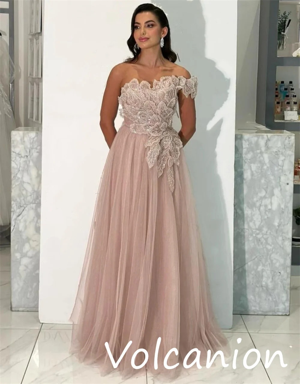 Customized Retro Fashion Net Sequined Pleat A-line One-shoulder Long Dresses Bespoke Occasion Exquisite