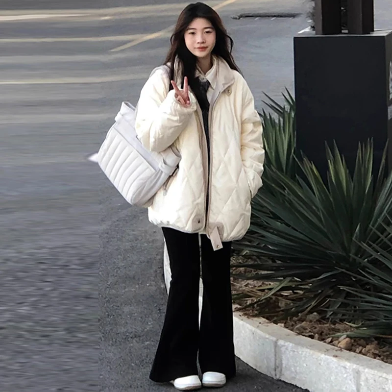 

Women's down Cotton Jacket Korean Style Diamond Patterned Autumn Winter Thickened Outerwear Small Size Korean Style Coat