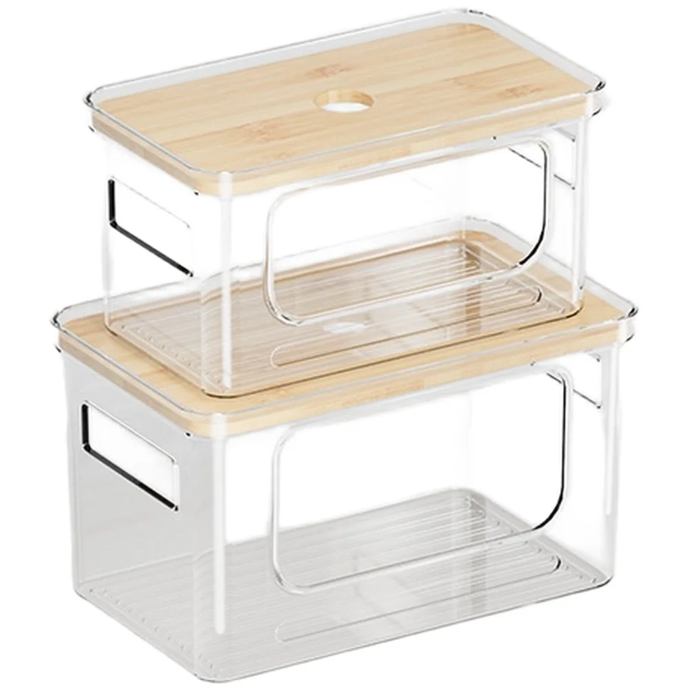 Stackable Wooden Lid Storage Box for Kitchen For Desk Bathroom Living Room with Transparent PET Body and Wide U-Shaped Opening
