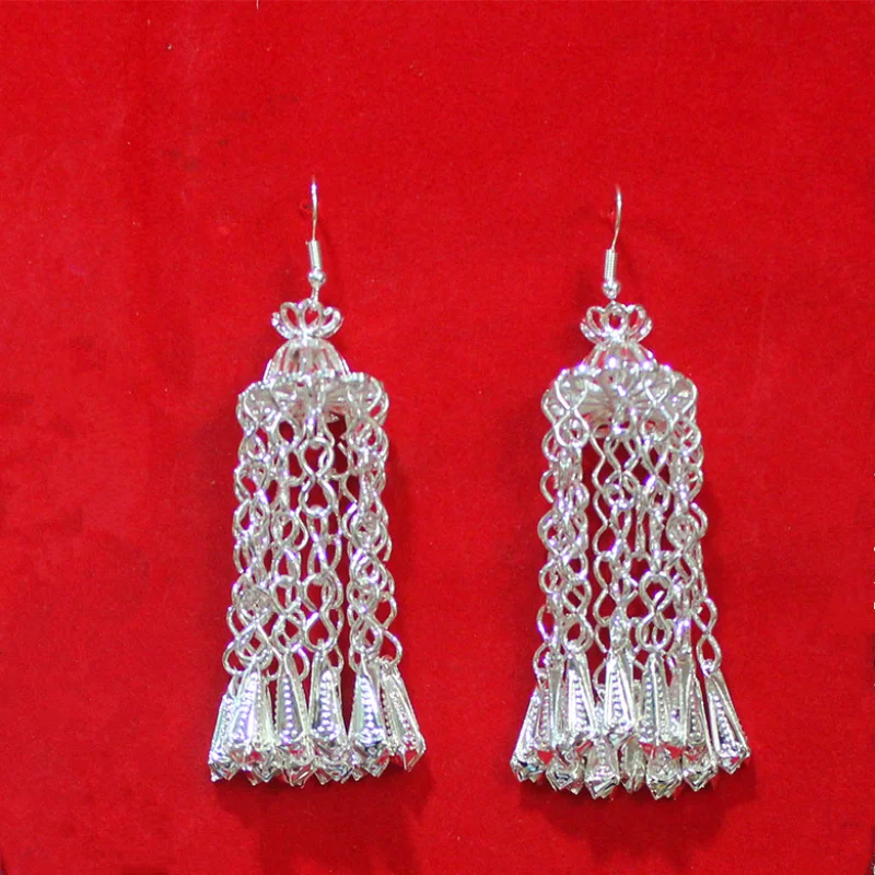 Miao Silver Earrings Hmong Jewelry Festival Accessories Hyperbole Tassel