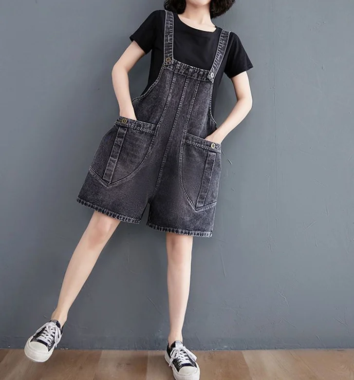 Jeans Suspender Longgar Jumpsuit Jeans Tanpa Lengan Wanita Overall Denim Pakaian Jalanan Musim Panas Baru Celana Pendek Denim Kaki Lebar Solid Longgar