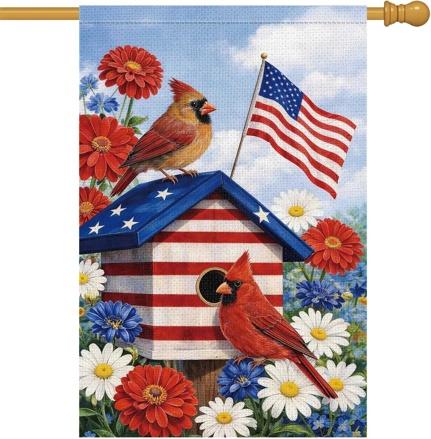 Heyfibro 4th of July Cardinals Patriotic Garden Flag 28x40 Double Sided Burlap, Birdhouse Red White & Blue Daisy Floral  kkz