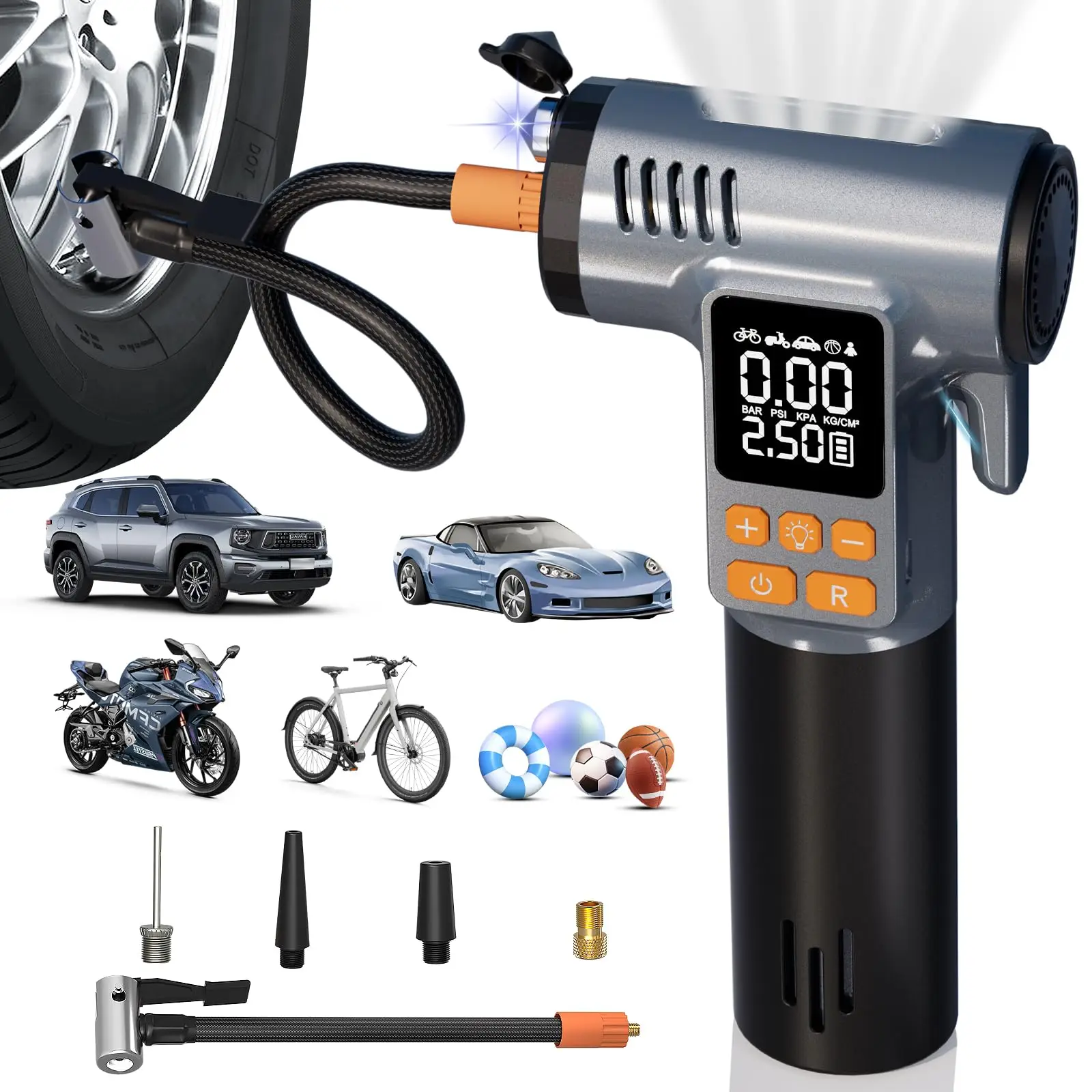 

Tire Inflator Portable Air Compressor - 8 in 1 Air Pump, Window Breaker, Seatbelt Cutter, Ball Pump, Bike Pump, Digital Tire Pre