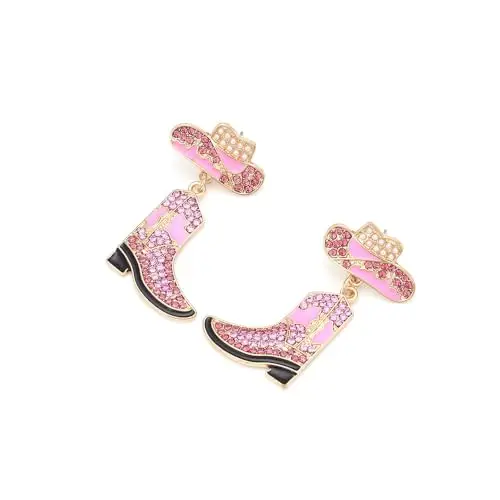 Classic Granite Cowboy Hat Stud Earring Pink Crystal Triangle Boots Stud Earrings for Women Travel Vacation Jewelry Gift