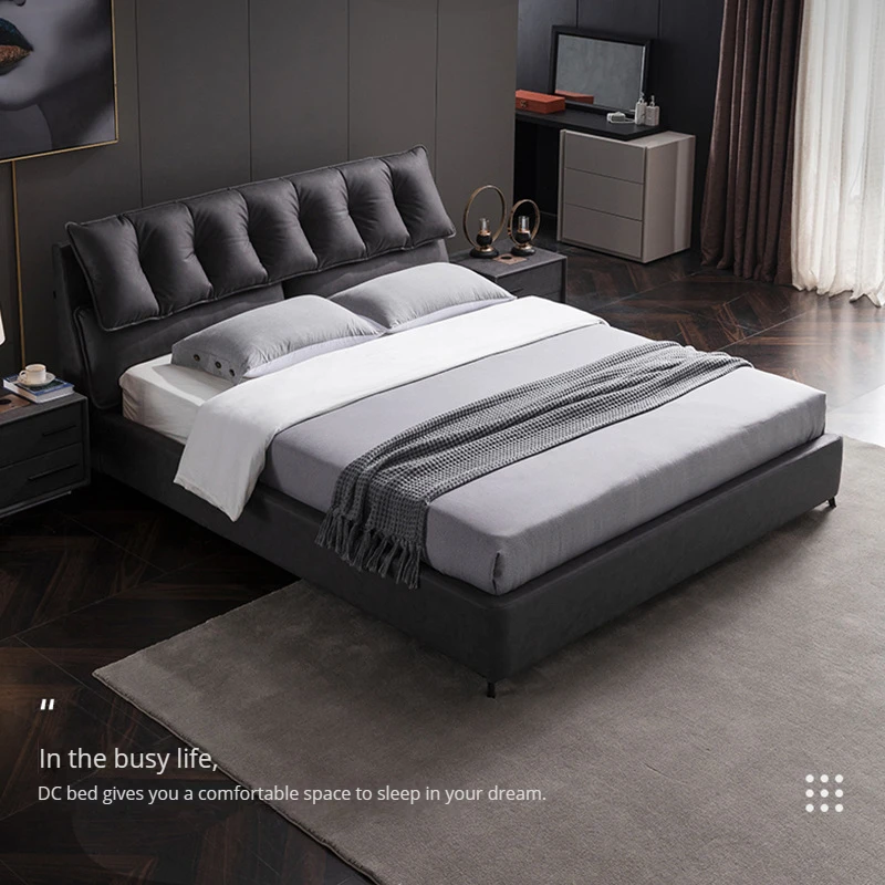 

Simple Double Bed Tech Fabric Master Bedroom Leather Bed High-Box Storage Soft Bag Design for Small Apartments