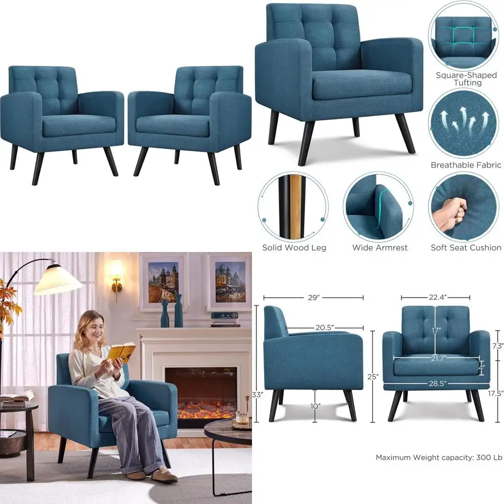 

Стулья с акцентом в стиле середины века, обитые темно-синие кресла для гостиной со спинкой на пуговицах и деревянными ножками, набор из