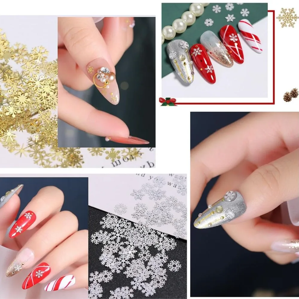 1 doos 3D Kerst Sneeuwvlokken Nail Charms Goud Wit Hollow-Out Sneeuwvlokken Pailletten Winter Xmas Sneeuwvlokken Manicure Accessoires