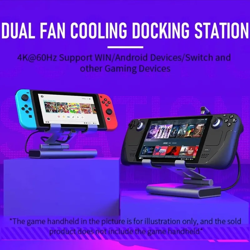 6-in-1 RGB Dual Cooling Fan Docking Station, Adjustable Height Dock Stand HDMI 4K@60Hz for ROG ALLY Steam Deck