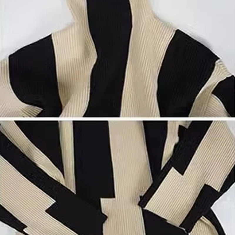 Women Turtleneck Vertical Stripe Pattern Textured Color Block Drop Shoulder  Loose Sweater,Long Sleeve Tops