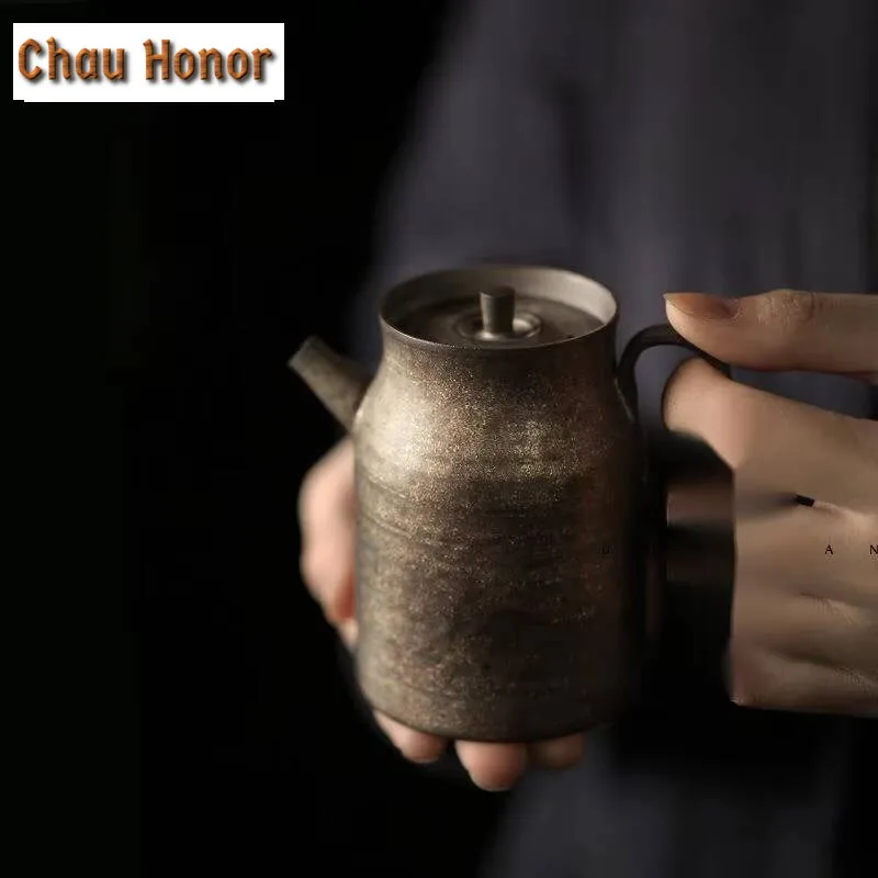 

150ml Handmade Coarse Pottery Teapot Japanese Gilding Style Straight Pot Tea Soaking Ball Hole Filter Kettle Teaset Collection
