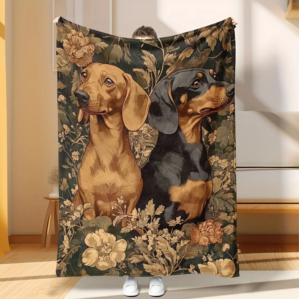 Vintage Dachshund Dogs Floral Frame Throw Blanket - Botanical Fantasy Pattern Cozy Soft Accent for Bed Sofa Office Holiday Gift