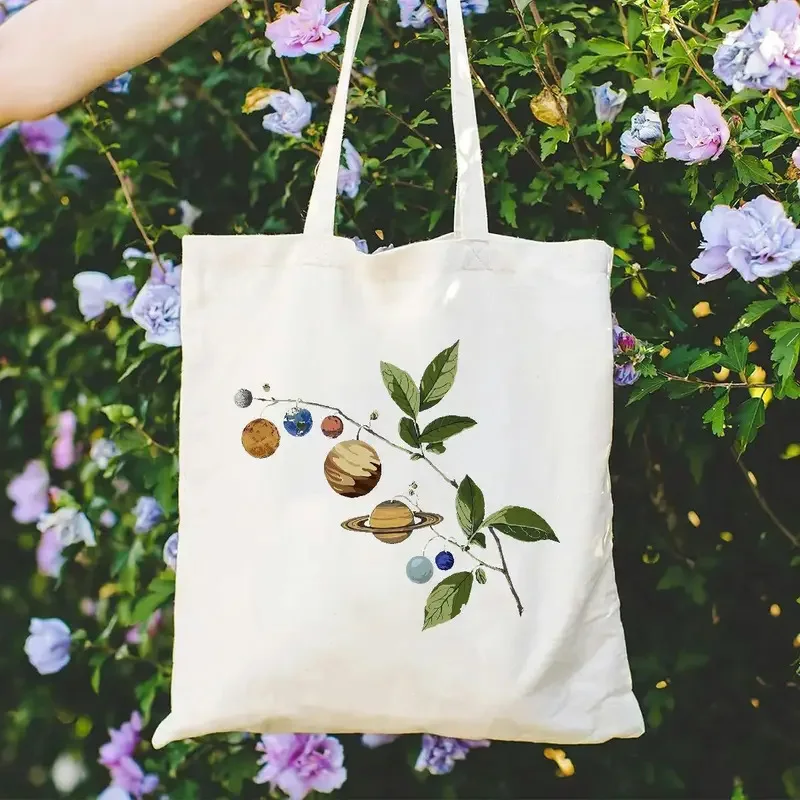 حقيبة كتف قماش المرأة النظام الشمسي الكواكب طباعة حمل حقيبة قابلة لإعادة الاستخدام اليومية حقيبة قماش قنب عادية لمحبي علم الفلك المدرسية #1