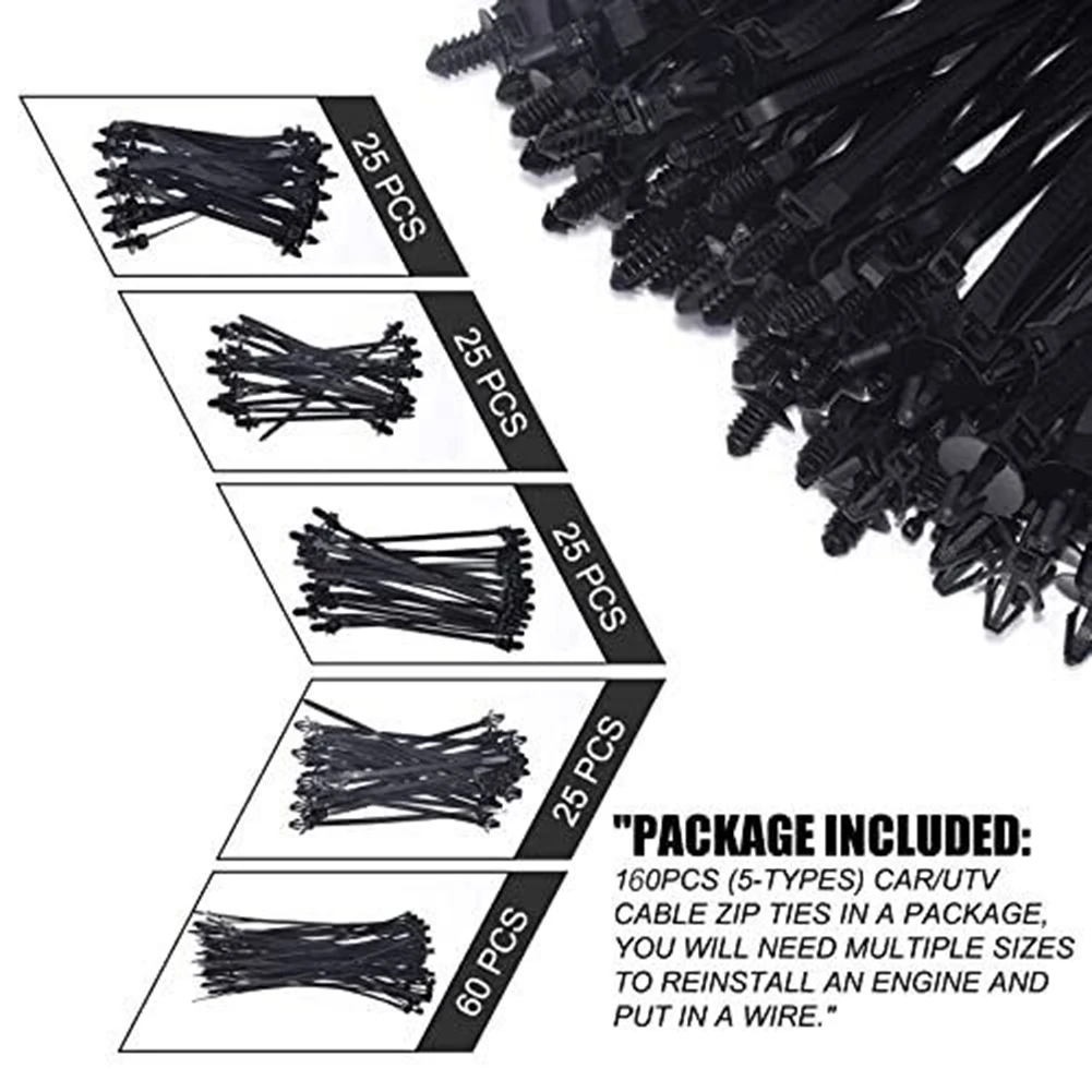 160Pcs Car Universal Nylon Push Mount Cable Zip Ties Wrap Fixed Fastener Clips Mount Wire Self Locking Wire Strap Fastening Zip