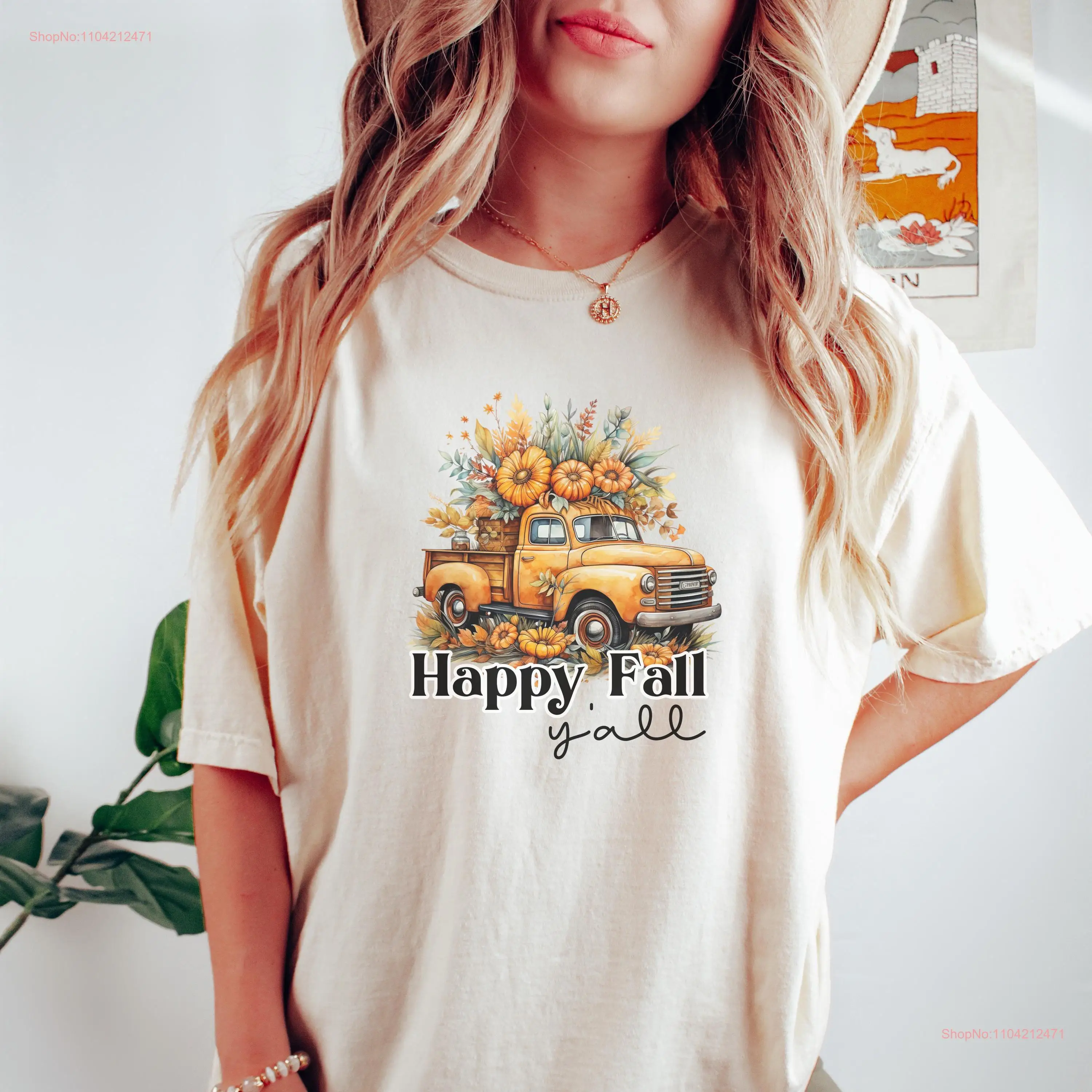 Vintage Truck Happy Fall Y'all Pumpkin T Shirt Autumn Harvest Cozy Season Rustic Style Halloween long or short sleeves