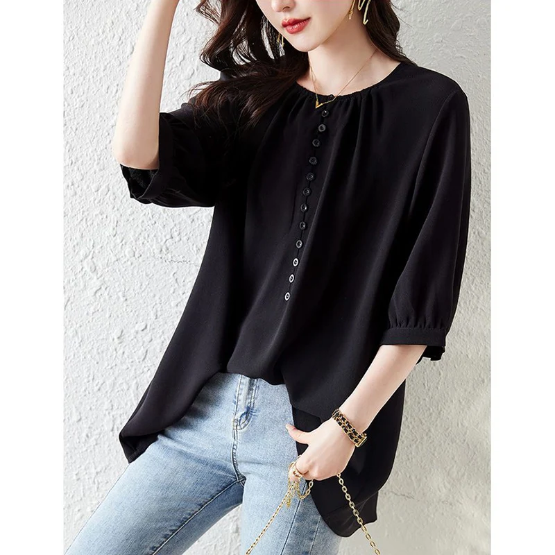 Fashion O-Neck Button Solid Color Folds Casual Blouses Women\'s Clothing 2024 Autumn New Loose Commuter Tops All-match Shirts