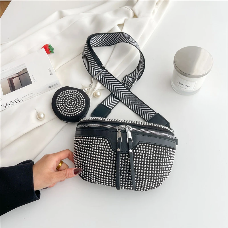 

Элегантная женская поясная сумка со стразами и шипами, кошелек через плечо из искусственной кожи с широким ремешком, модная сумка на плечо, женский клатч