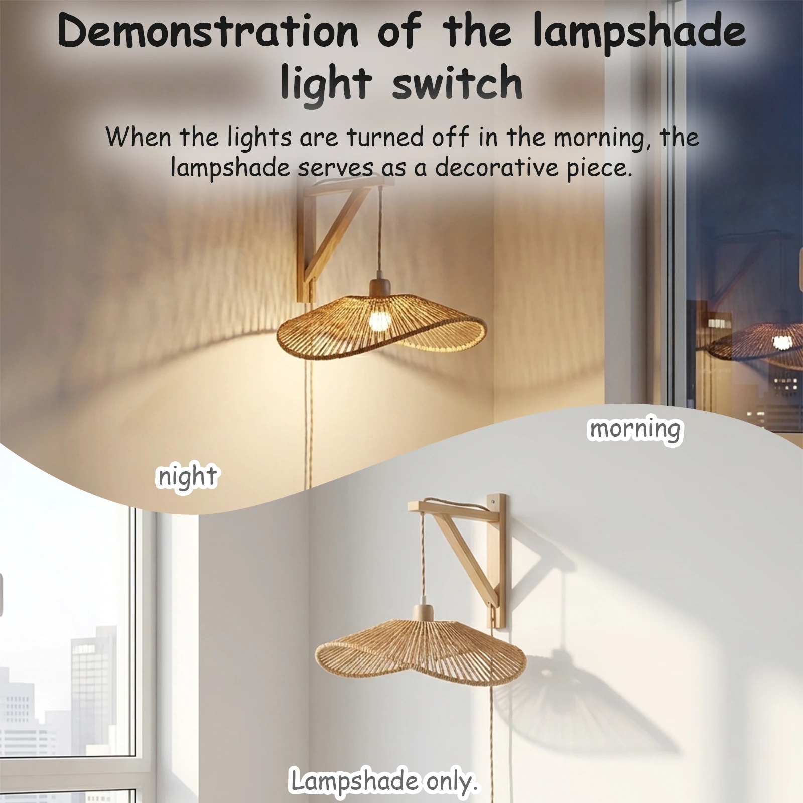 Boho Fan‑Shape Woven Lampshade, Natural Paper Rope Replacement Shade for Ceiling Pendant & Wall Lamp, Rustic Lamp Cover Only