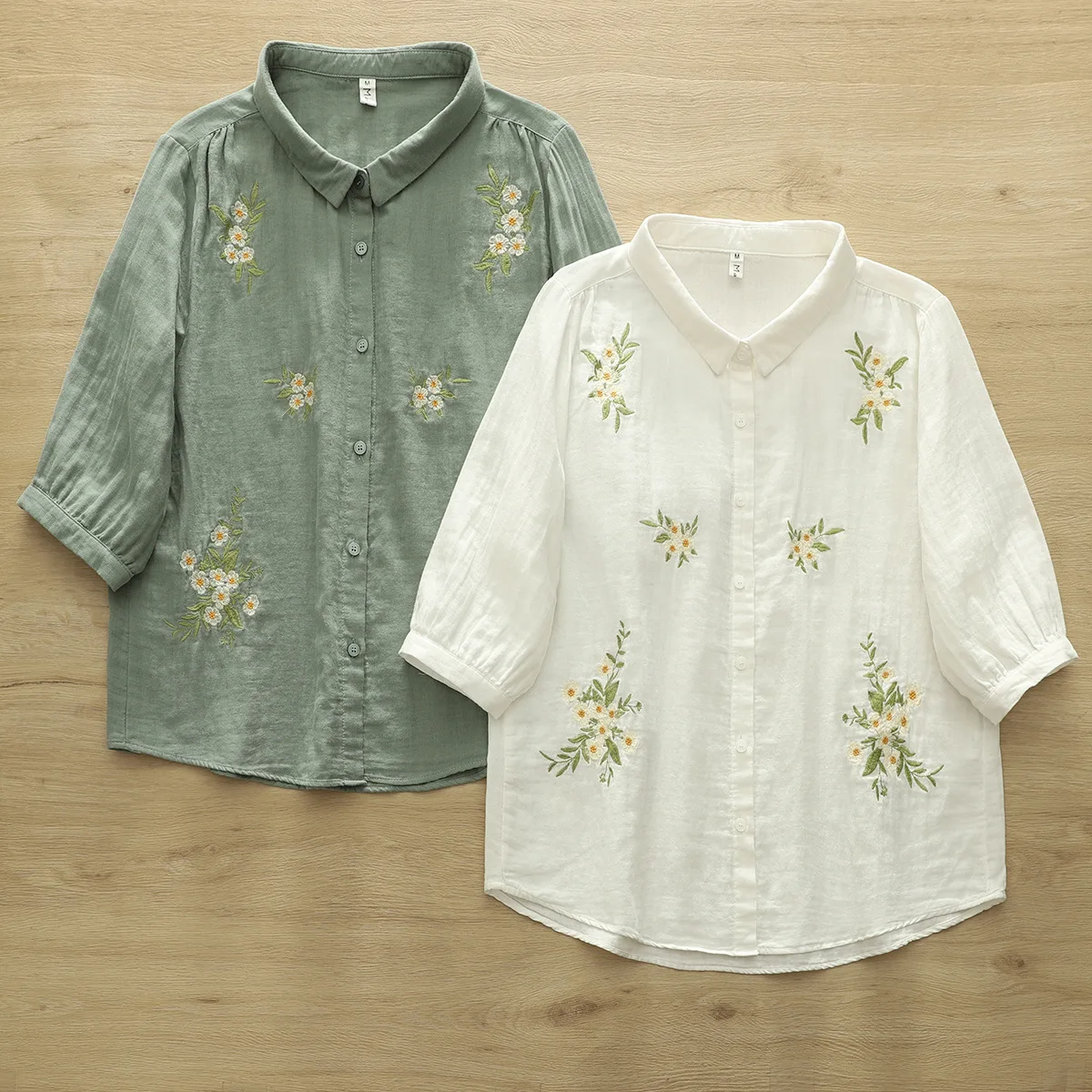 

Japanese Sweet Mori Girl Floral Embroidery 100% Cotton Shirts Women Summer Turn Down Collar Half Sleeve Casual Loose Blouse Tops
