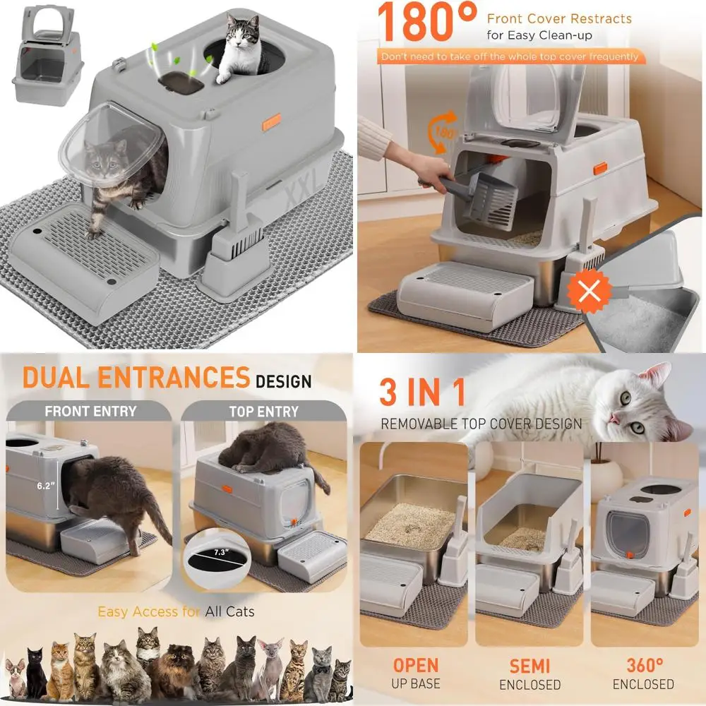 

Extra Large Front & Top Entry Stainless Steel Cat Litter Box with Lid, Metal Enclosure, Scoop & Door, Ideal for Large Cats and E