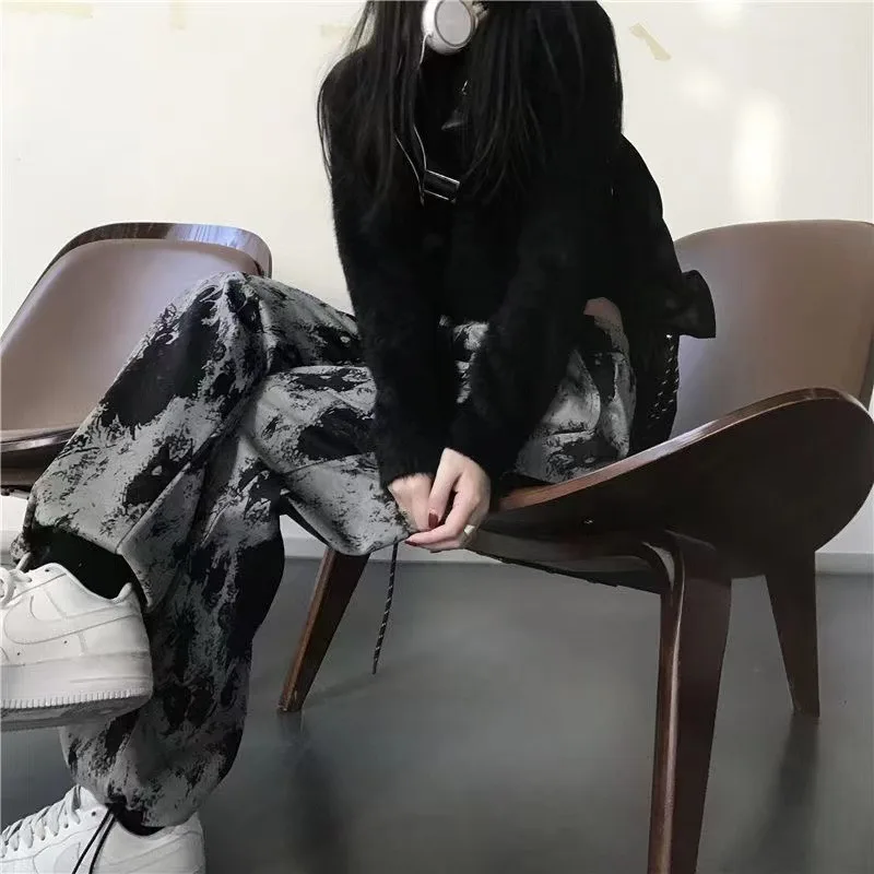 Casual Pants Women 2024 Spring New Versatile High Street Tie-Dye Straight Loose High Waisted Full Length Drawstring Pants Female