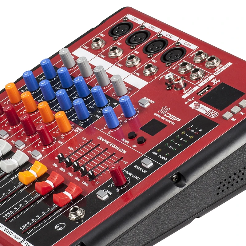 

Red 4 Channel Bluetooth Audio Mixer 4-Input 2-Bus XLR 3Pin DJ Live Sound Mixing Console with USB MP3 EQ 48V Phantom Power