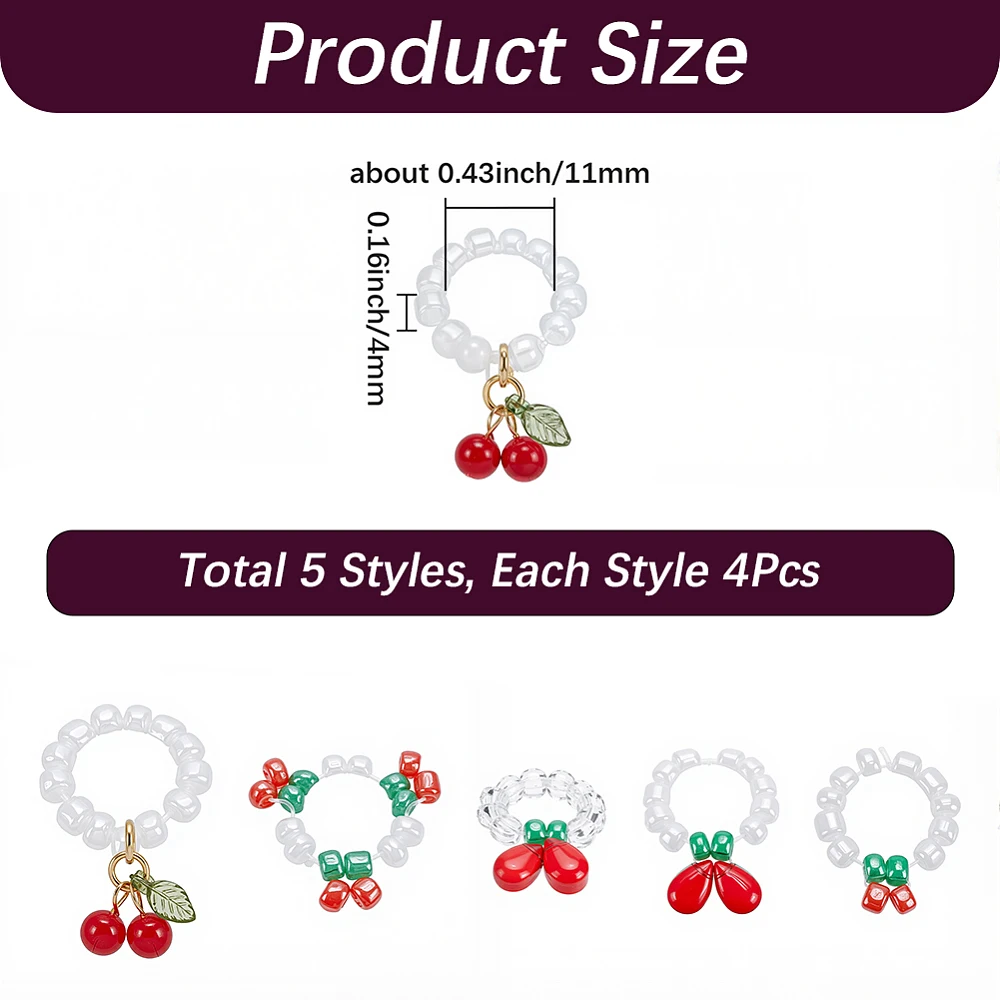 20Pcs 5 Styles Stethoscope Accessories Charms Stethoscope Personalized Charm Aesthetic Adjustable Strawberry Glass Bead Ring