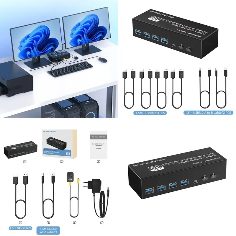 FJ-8K202DB Factory Price 8K 2 Port 60Hz HD USB3.0 Kvm Switch Displayport Selector Switcher