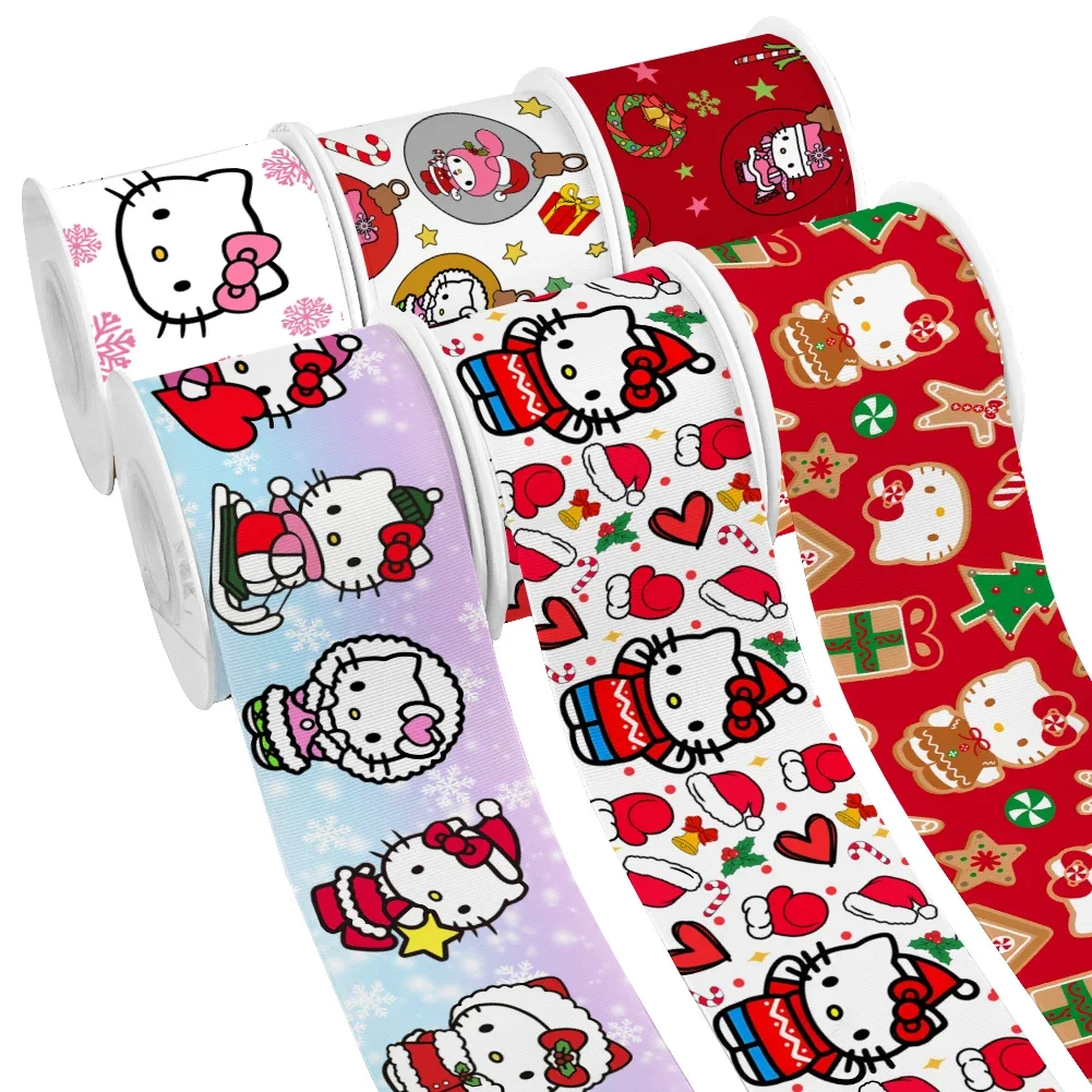 Christmas Star Hello Kitty Sanrio Cartoon Printed Grosgrain Satin Ribbon for Gift Wrapping Hair Bow Craft Accessory 50 Yards