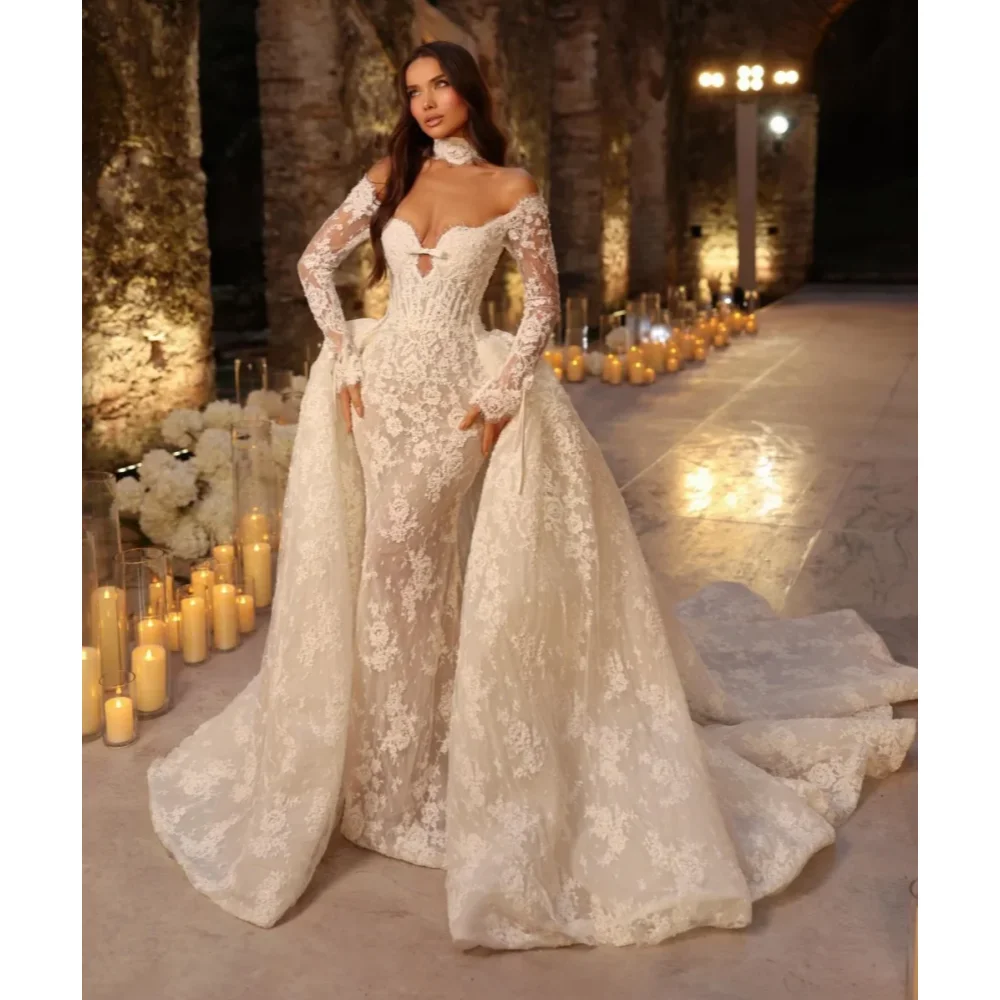 

Charming Off Shoulder Mermaid Wedding Dress Luxury Lace Beaded Bride Dress Detachable Train Wedding Party Dress Customized