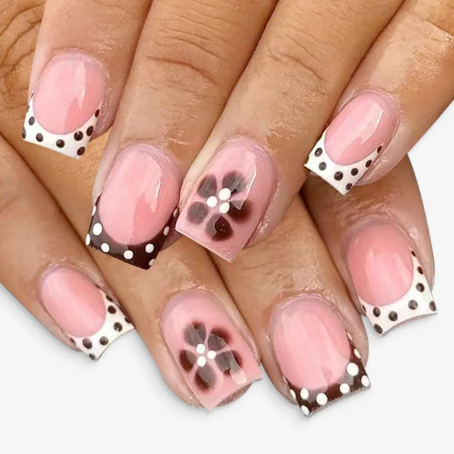 24Pcs Leopard Print Smudge French Fake Nails Golden Shiny Powder Flower Press on False Nails Short Square Reusable Manicure Tips