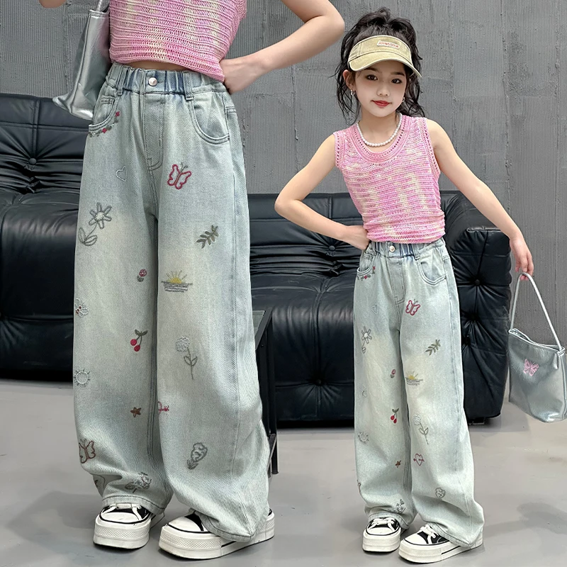 

Faionable Embroidered Wide Leg Jeans Girls Spring Autumn Clothing Korean Sle Medium Large Children's Denim Pants