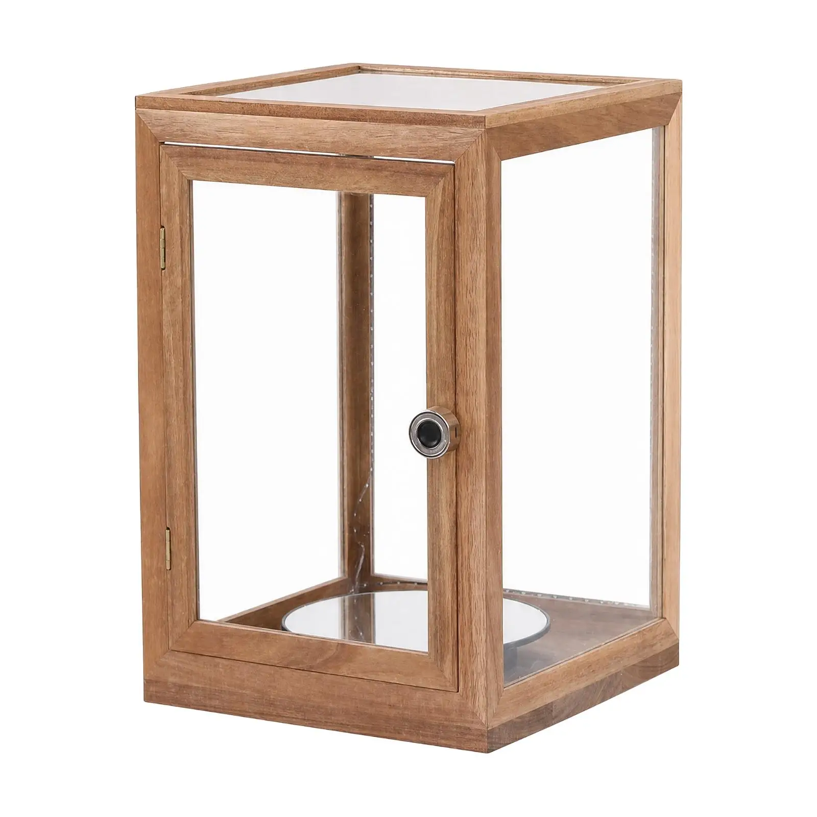 Transparent Glass Display Shelf Acacia Wood Frame for Decorative Pieces Living Room Cabinet Storage