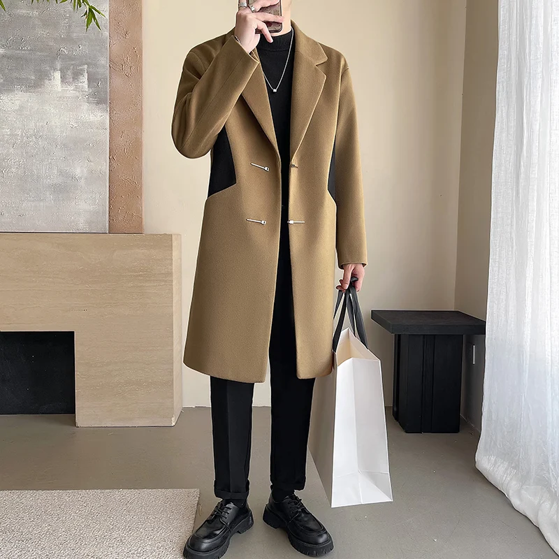 2024 Winter New Men's Fashion Color blocked Woolen Coat with Thick Cotton for Warmth and Casual Trendy Woolen Windbreaker