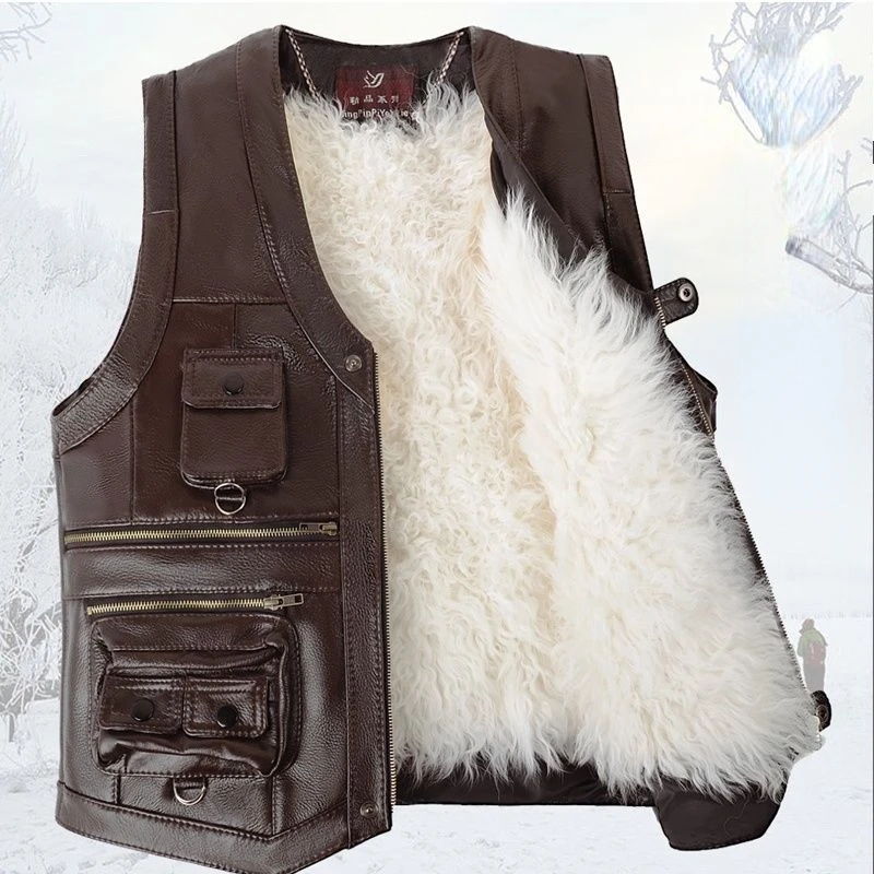 Mens Genuine Leather Cowhide Vest  Middle Aged and Elderly Men's Winter Vest Integrated with Fur and Thick Wool Lining Vest