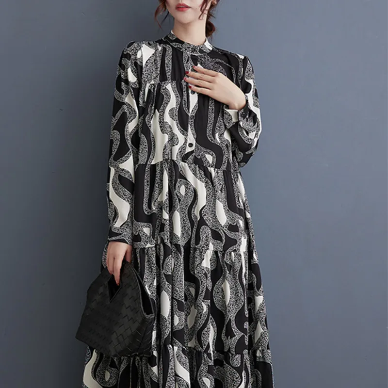 #3713 Spring Vintage Printed Long Shirt Dress Women Loose Korean Fashion Buttons Retro A-line Dress Long Sleeve Split Joint 