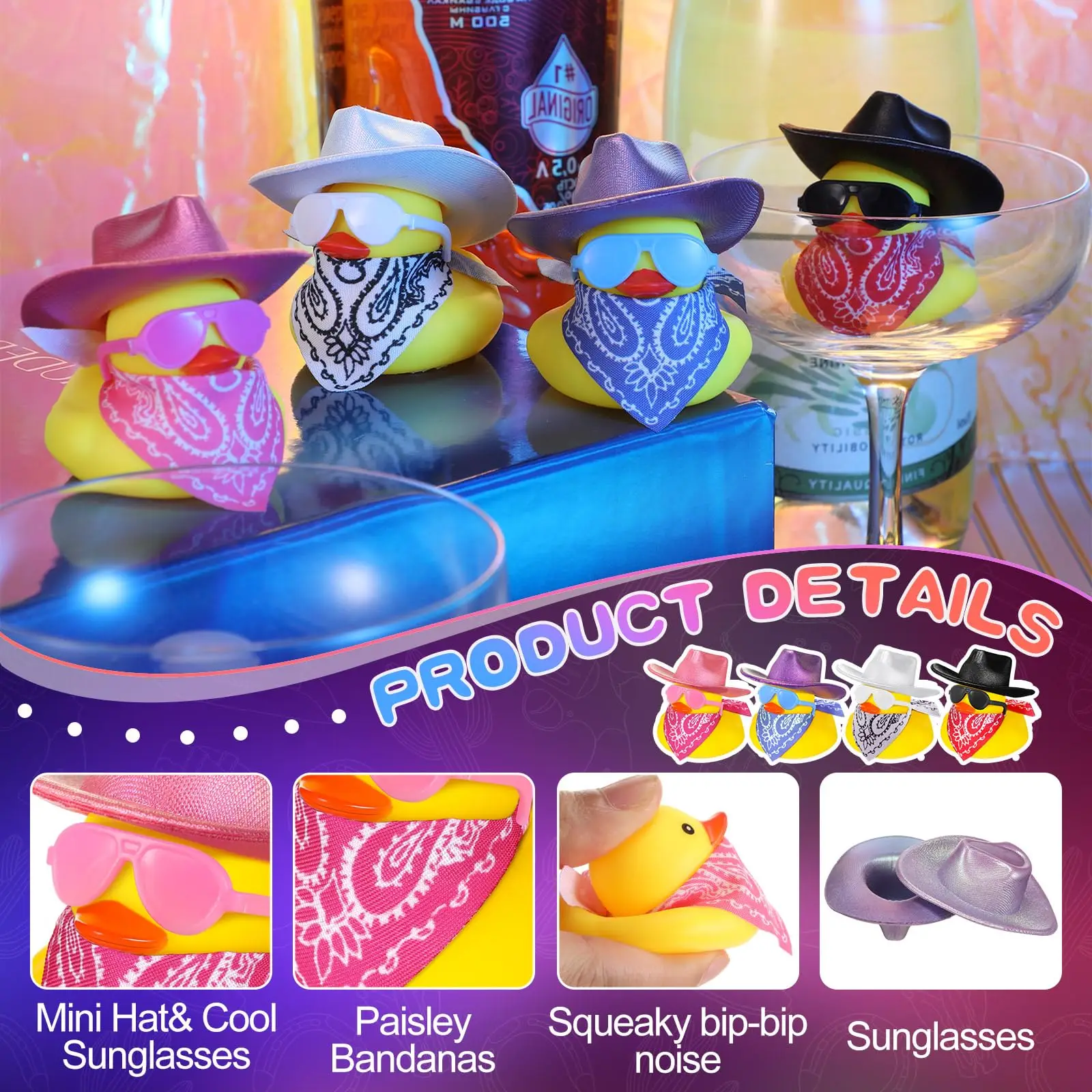 24Set discoteca Cowboy anatra di gomma con Mini luminoso Neon spazio cappello sciarpa Sunglasse bagno di gomma anatra vasca da bagno giocattolo Baby Shower Supplie