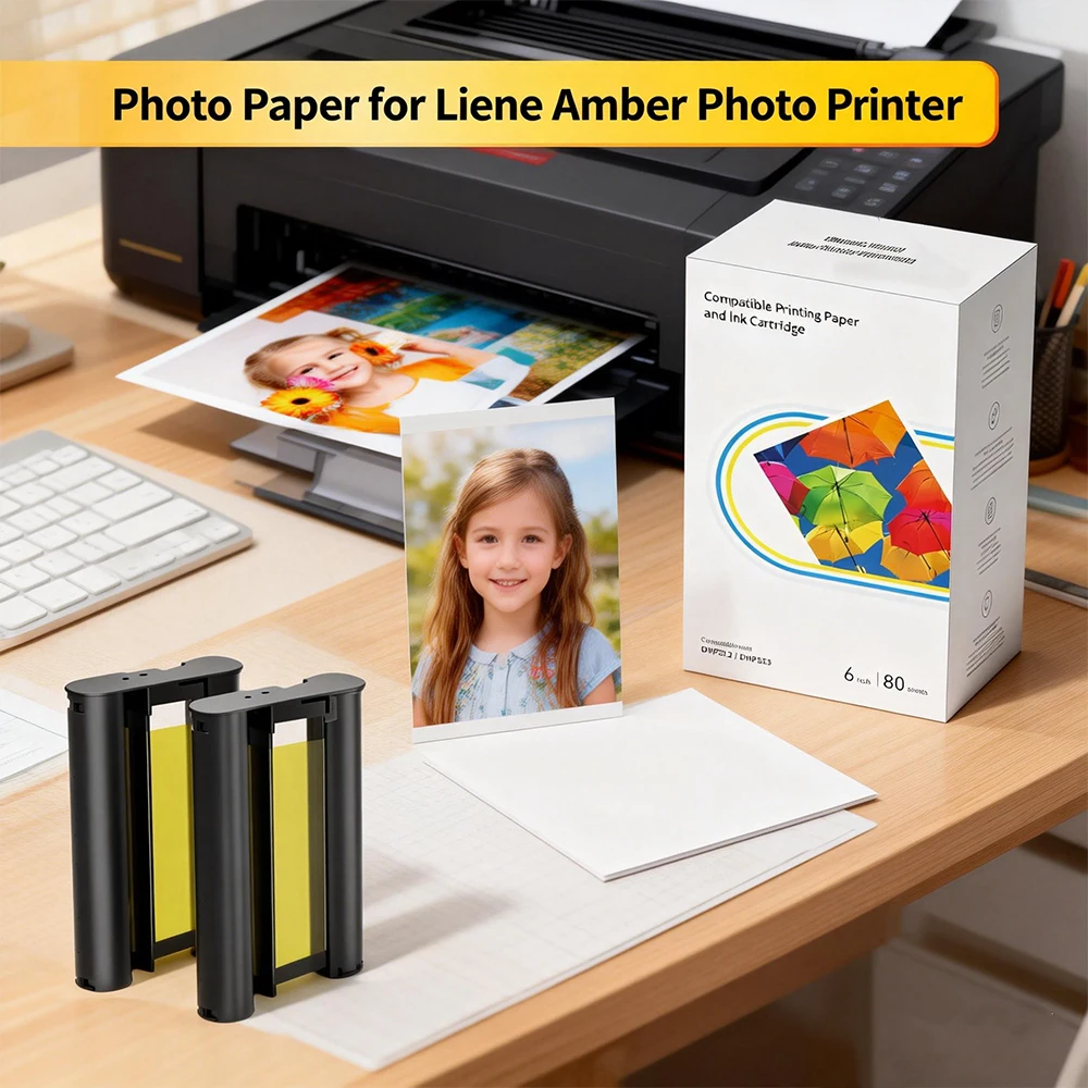 Liene Amber Photo Paper for M100/M200/M110/M210 4x6'' Photo Printer 80 Sheets Photo Paper & 2 Cartridge Refill LP-80