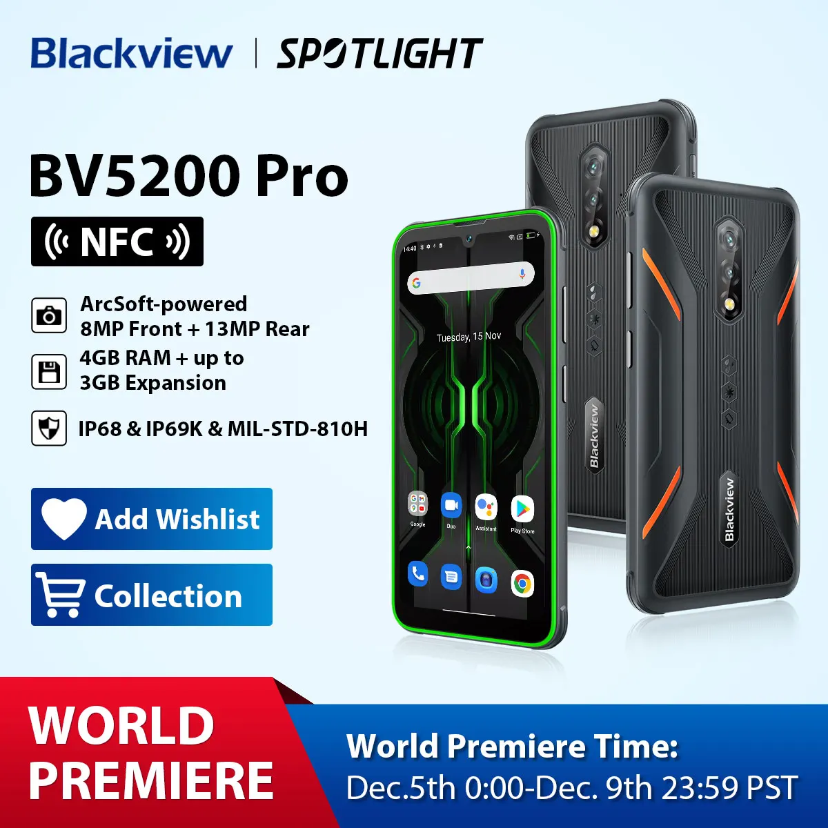 Blackview-móvil BV5200 Pro resistente al agua, 4GB, 64GB, Android 12, Helio G35, 6,1 pulgadas, 5180mAh, ArcSoft, cámara de 13MP