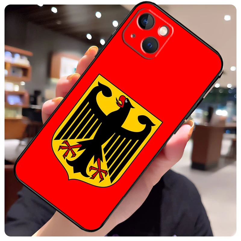جراب شعار علم ألمانيا لـ iPhone ، غطاء خلفي لـ iPhone 16 و 13 و 14 و 11 و 12 و 15 Pro Max و X و XR و XS Max Plus و 14 Plus