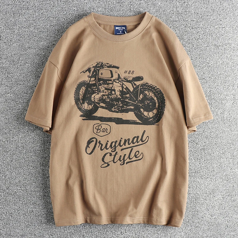 

Vintage motorcycle print short sleeve T-shirt Men's combed cotton wash comfortable loose trend all match casual half sleeve