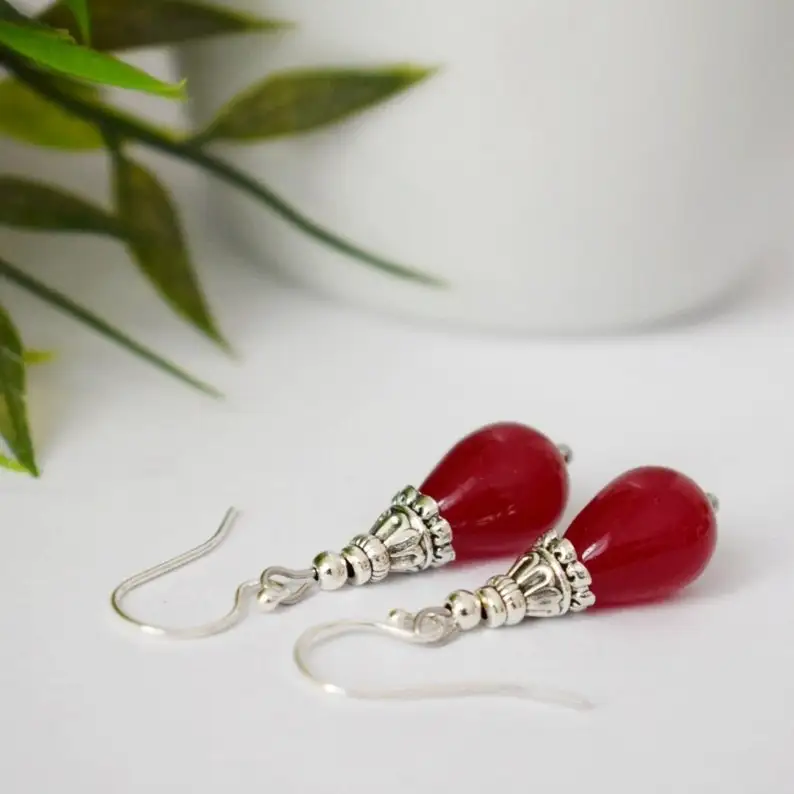 Red jade teardrop earrings, Gemstone sterling silver dangle and drop earrings, Red stone boho hanging earrings, Unique