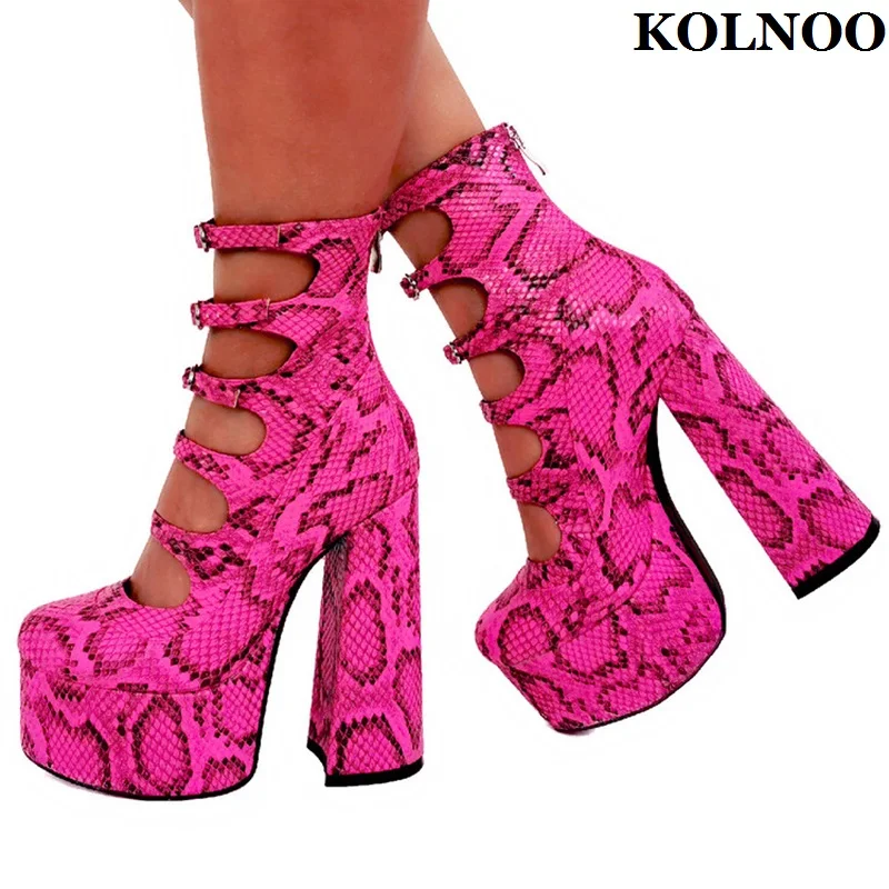 

Kolnoo Stock Sale Handmade Ladies Chunky Heels Pumps Faux Snake-Leather Buckles Platform Sexy Shoes Evening Party Fashion Shoes