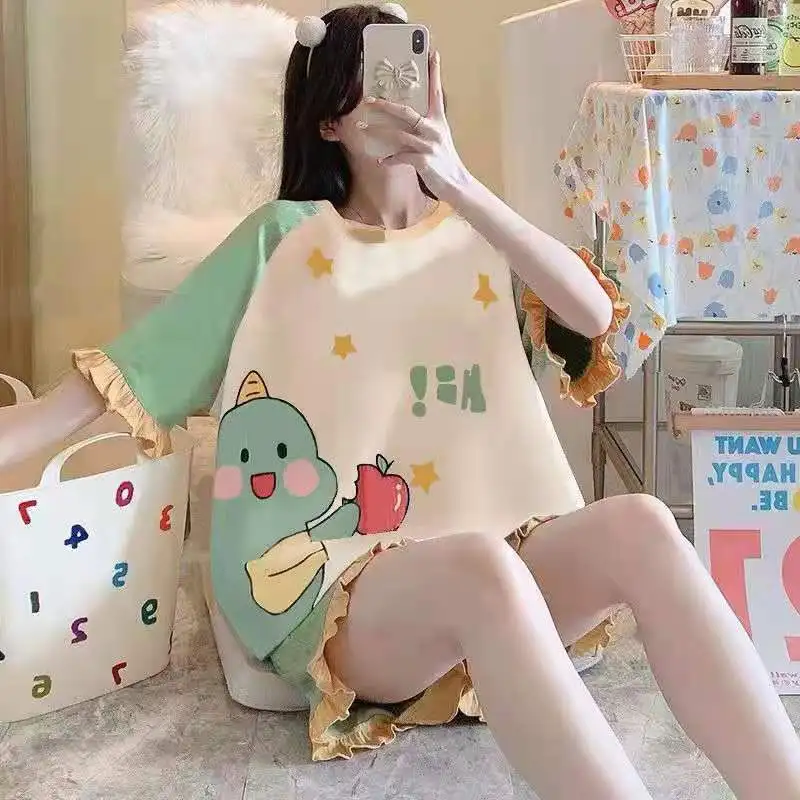2022 Pajamas Set for Women Cows Cartoon Printed Short Sleeve T Shirt+Shorts 2 Pcs Woman Soft Casual Sleepwear Homewear Pijimas