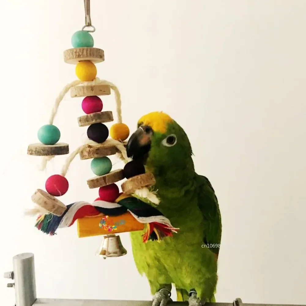 Colorful Parrot Chew Toy Bird Hanging Bite Wooden Blocks Cage Fun Toys for Chewing Climbing Biting Wooden Knots Chewing Toy