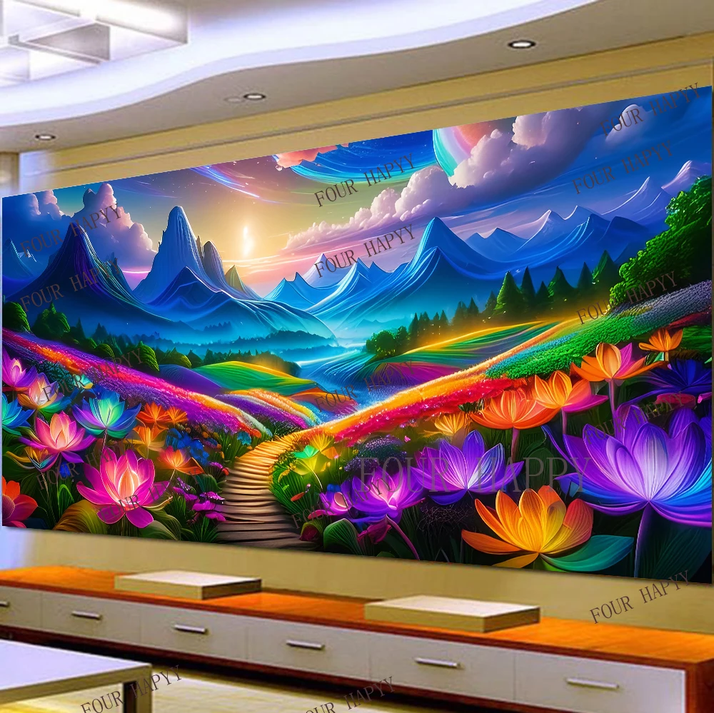 5D DIY Large Diamond Painting Cross Colorful Clouds Flowers Landscape Wall Art, Full Round Drill, Embroidery Home Decor