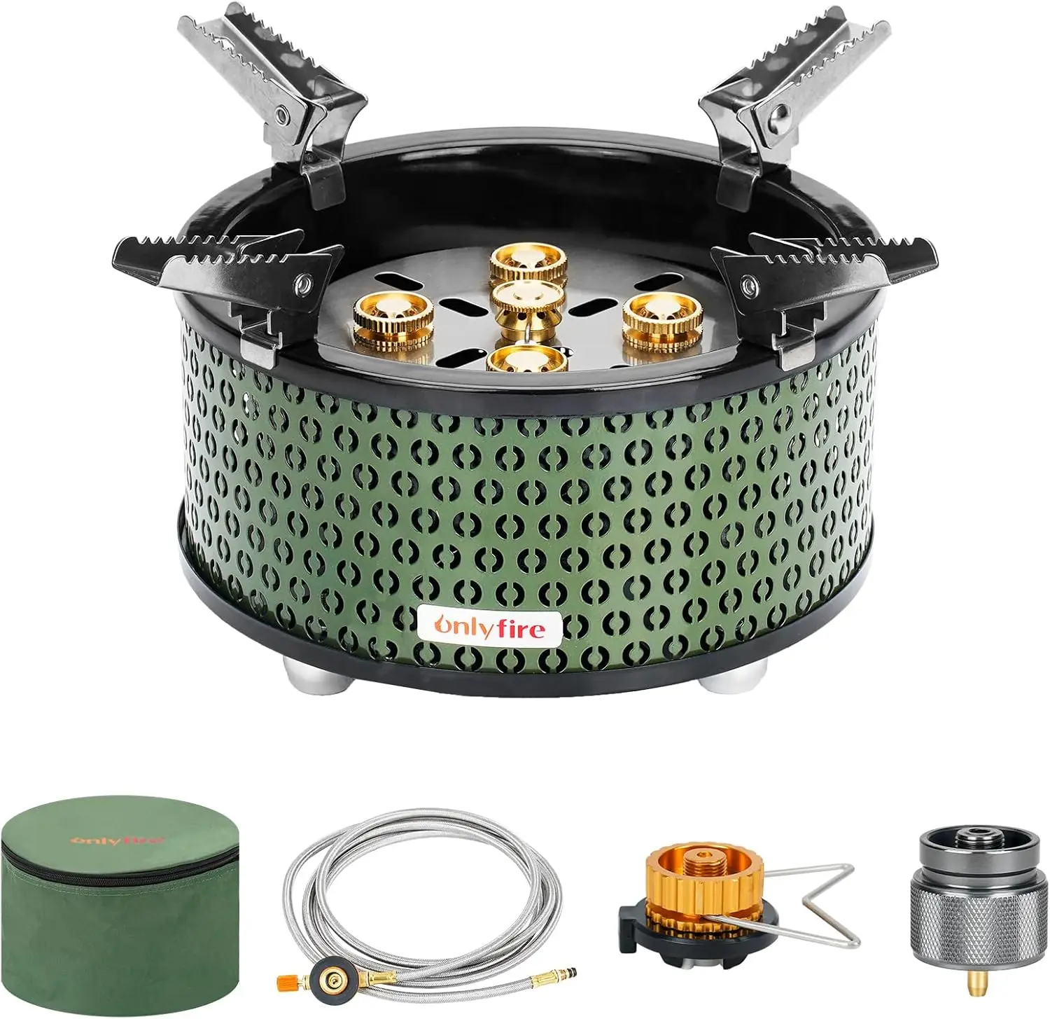 

5-Burner Portable Propane Stove with Bag & Adapters, Green GS344 – Outdoor Camping, Picnic, Emergency Use